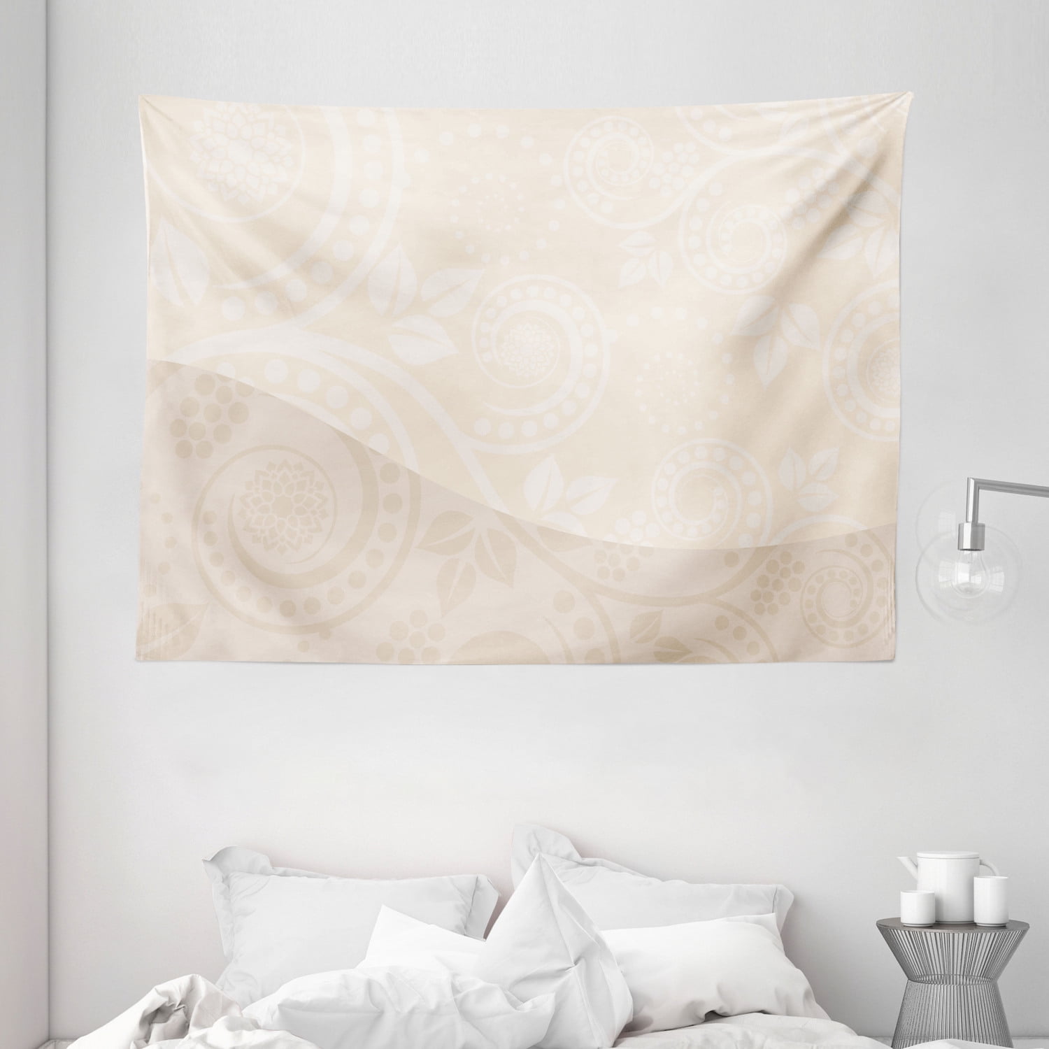 Ivory Tapestry, Shabby Chic Ornamental Floral Curved Leaves Blooms Classic Feminine Flourish