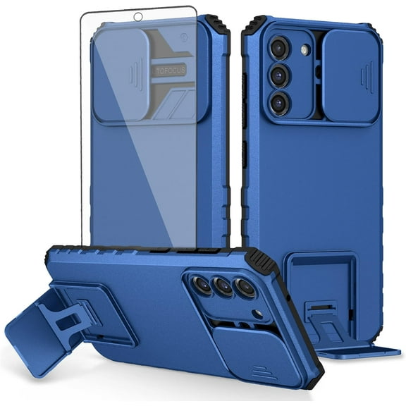 Phone Case for Samsung Galaxy S21 FE Gaxaly S 21 FE 5G with Screen Protector and Slide Camera Cover Kickstand Slim Protective Cell Accessories Glaxay S21FE5G UW S21FE 21S G5 Women Men Blue