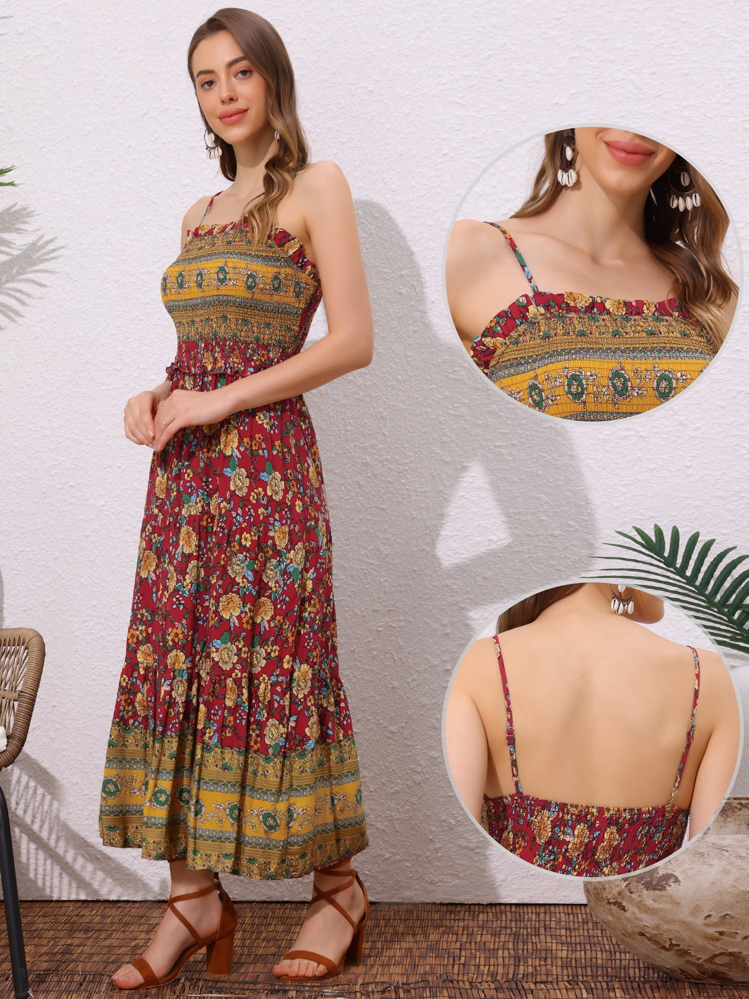 DARING DIVA Women's Boho Floral Spaghetti Strap A Line Maxi Dresses XS Red
