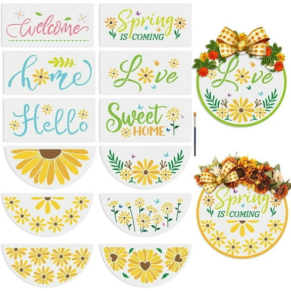 12pcs Daisy Flower Welcome Stencil for Painting on Wood Floral Plant Half Round Stencils 12inch Free Combination Spring Summer Nature Stencils with Brush for Porch Door Wood Sign