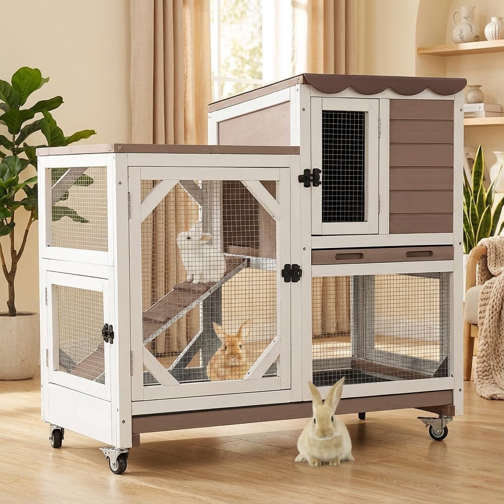 Aivituvin Rabbit Cage Indoor Outdoor Bunny Hutch on Wheels, 2 Story Wood Guinea Pig Cages with 2 Deeper Pull Out Trays