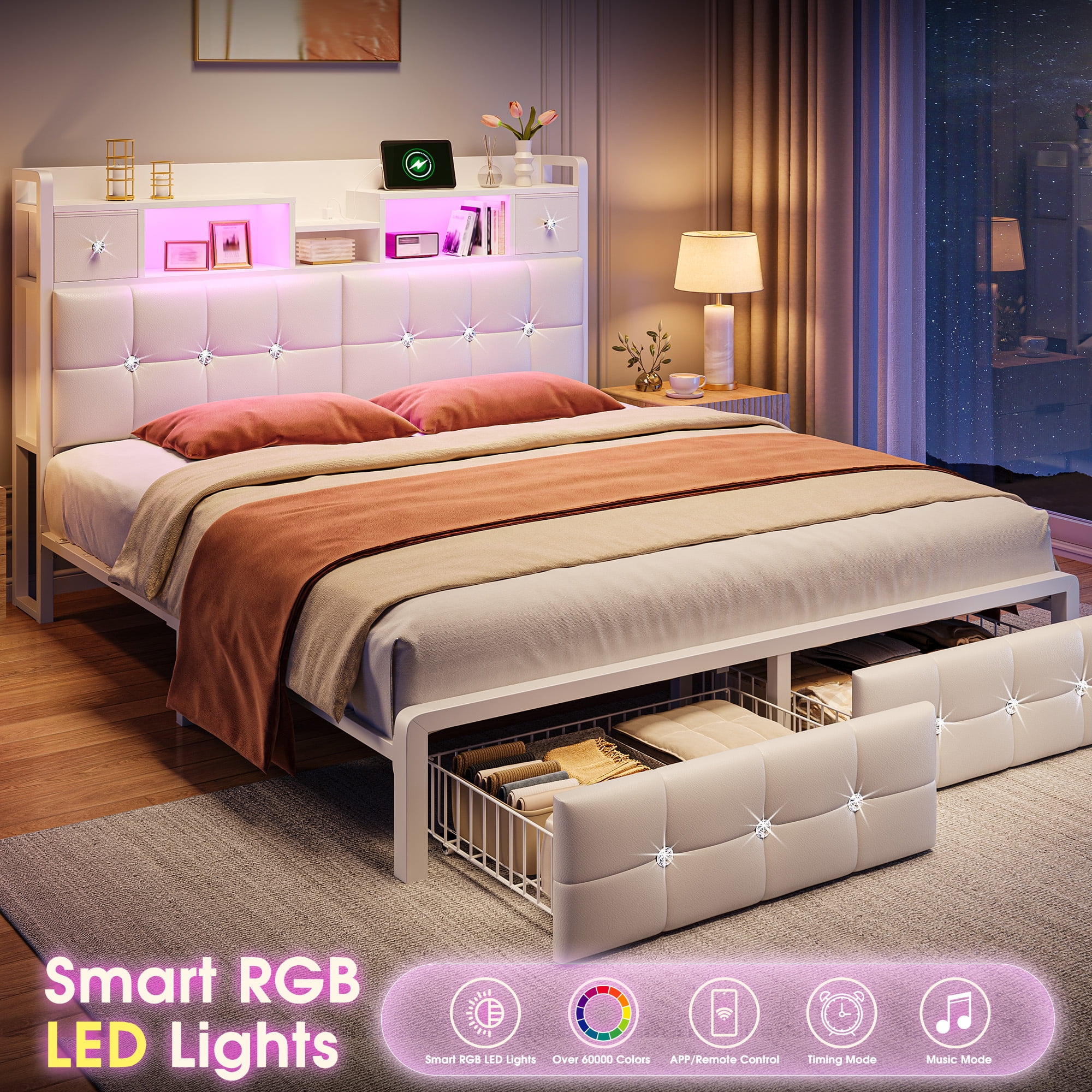 EnHomee Full Size Bed Frame with Headboard Bed Frame with Hidden Storage Compartment Upholstered Bed Frame with 2 Drawers & Outlets,White