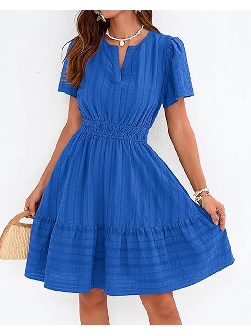 BTFBM Womens Spring Casual Mini Dresses Lightweight Short Sleeve V Neck Elastic Waist Cute Boho Beach Dress Pockets