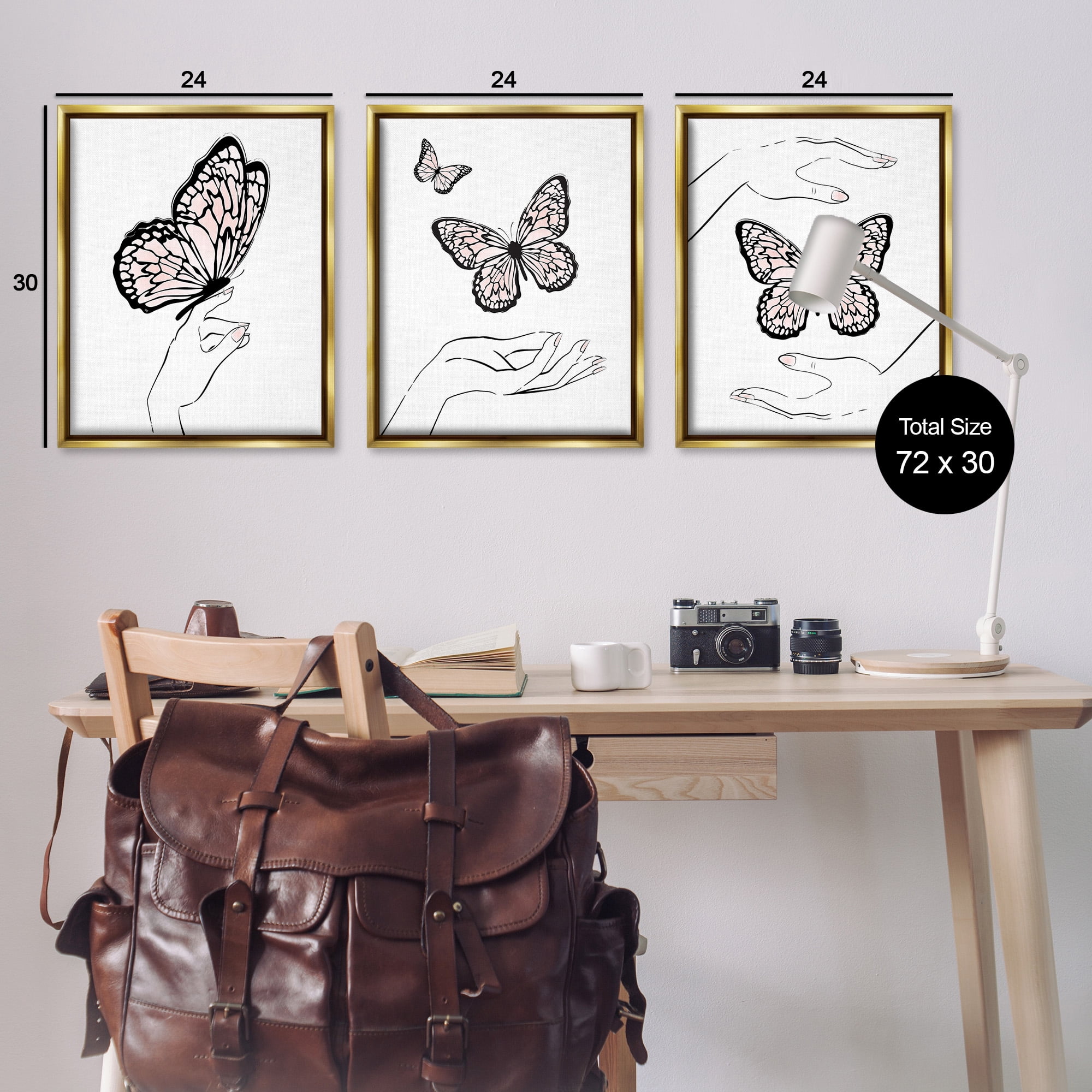 Stupell Industries Hands with Butterflies Animals & Insects Painting Gold Floater Framed Canvas Art Print Wall Art, 25 x 31, Set of 3
