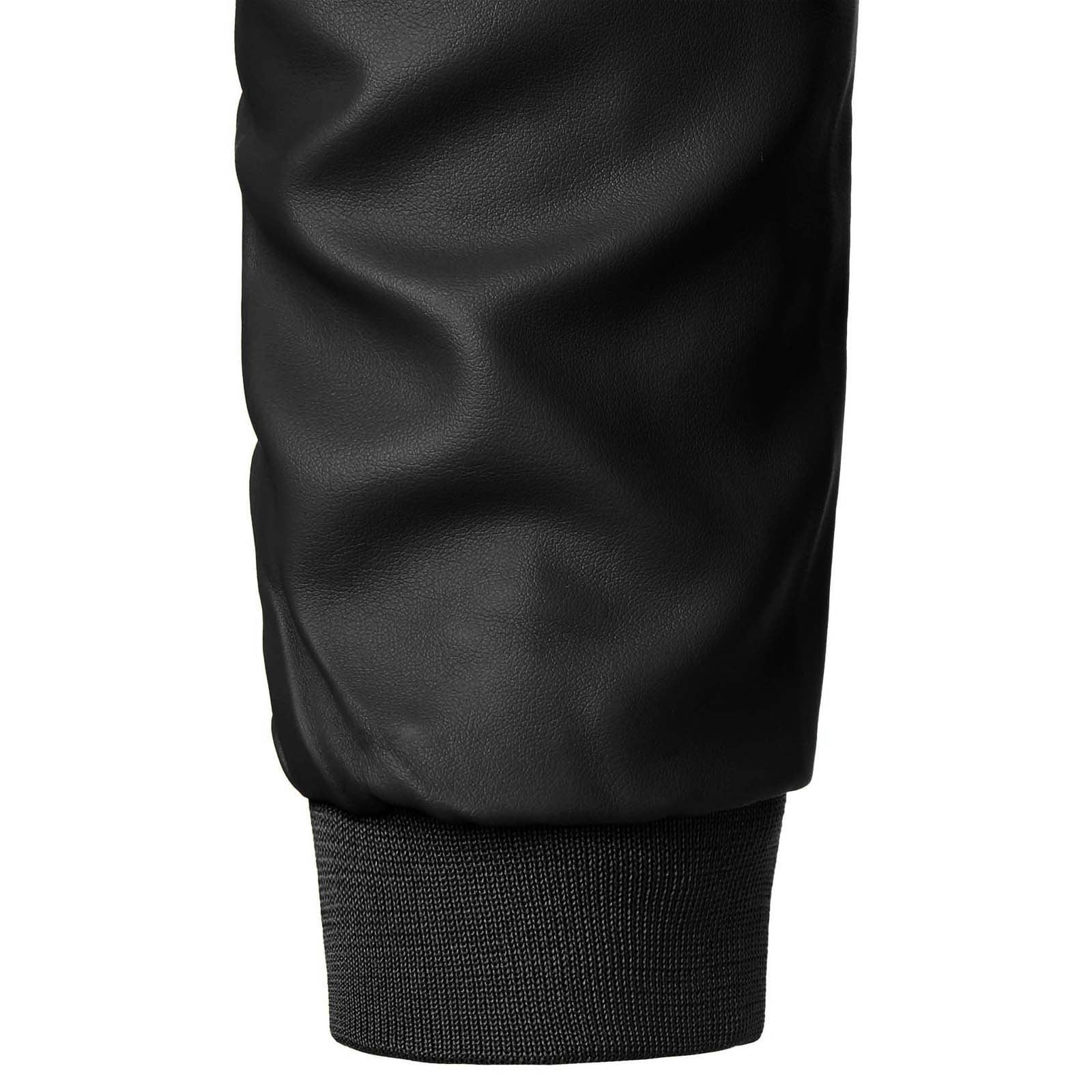 RYDCOT Men Solid Color Leather Jacket Outerwear Fashion PU Leather Long Sleeved Stand Collar Coat Black