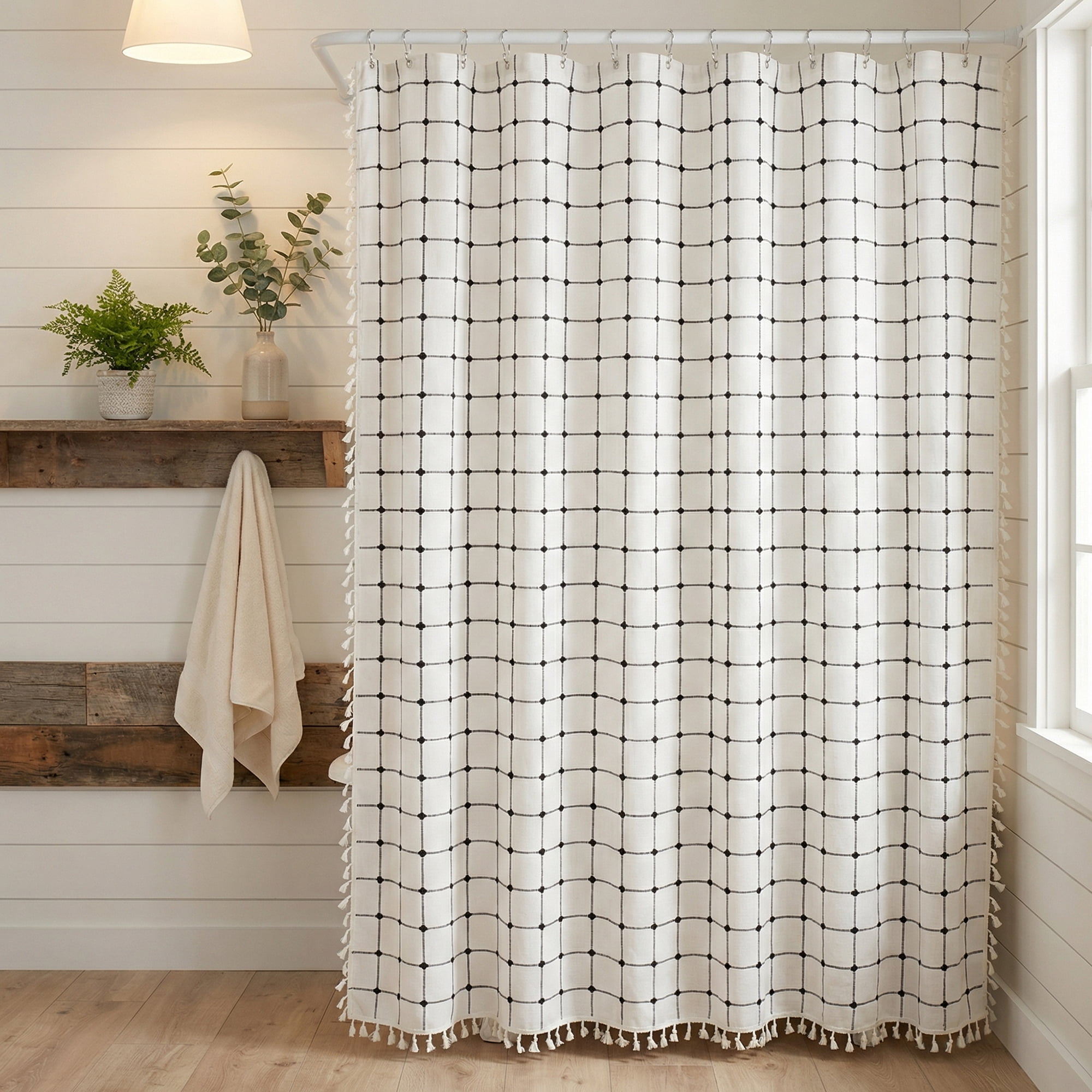 Unique Bargains Boho Plaid Blend Shower Curtain Sets with Hooks White Black 72"W x 72"L