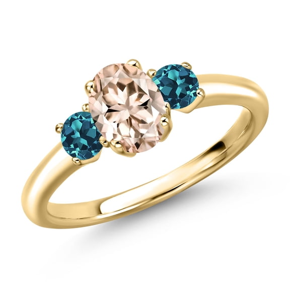 Gem Stone King 10K Yellow Gold Peach Morganite and London Blue Topaz Engagement Ring for Women | 1.09 Cttw | Oval 7X5MM | Gemstone October Birthstone | Size 6