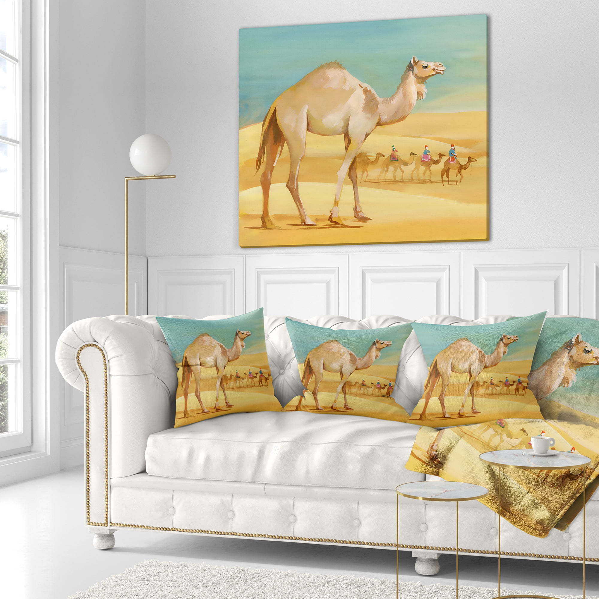 Designart Camel Walking in Desert - Watercolor Animal Throw Pillow - 16x16