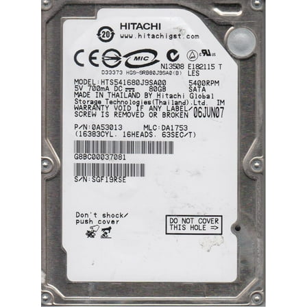 HTS541680J9SA00, PN 0A53013, MLC DA1753, Hitachi 80GB SATA 2.5 Hard Drive