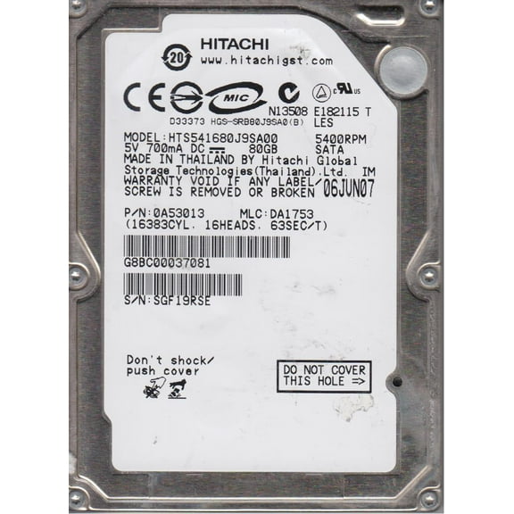 HTS541680J9SA00, PN 0A53013, MLC DA1753, Hitachi 80GB SATA 2.5 Hard Drive