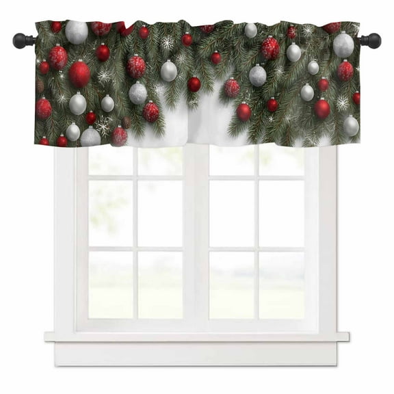 Christmas Balls Valances for Windows Winter Colored Ball Pine Tree Leaf Xmas Plant Rod Pocket Curtain Valance Window Treatment Short Curtains for Kitchen Living Room, 60"x14"