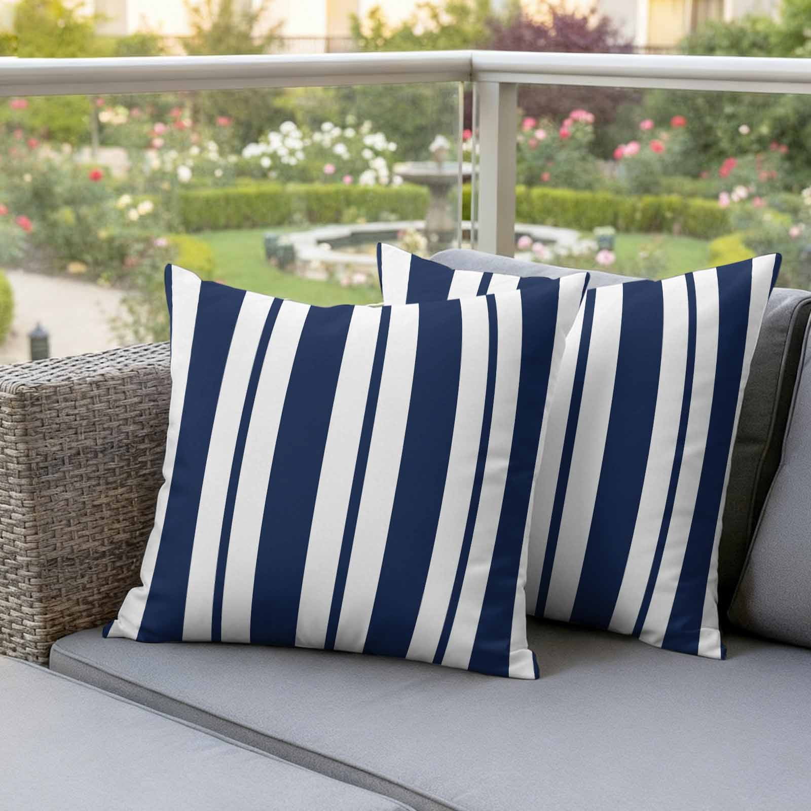 Waterproof Throw Pillow Covers 16x16 Set of 2, Navy Blue Stripes Summer Nautical Outdoor Pillowcases with Invisible Zipper, Modern Minimalist Art Decorative Cushion Covers for Patio Garden Sofa Couch