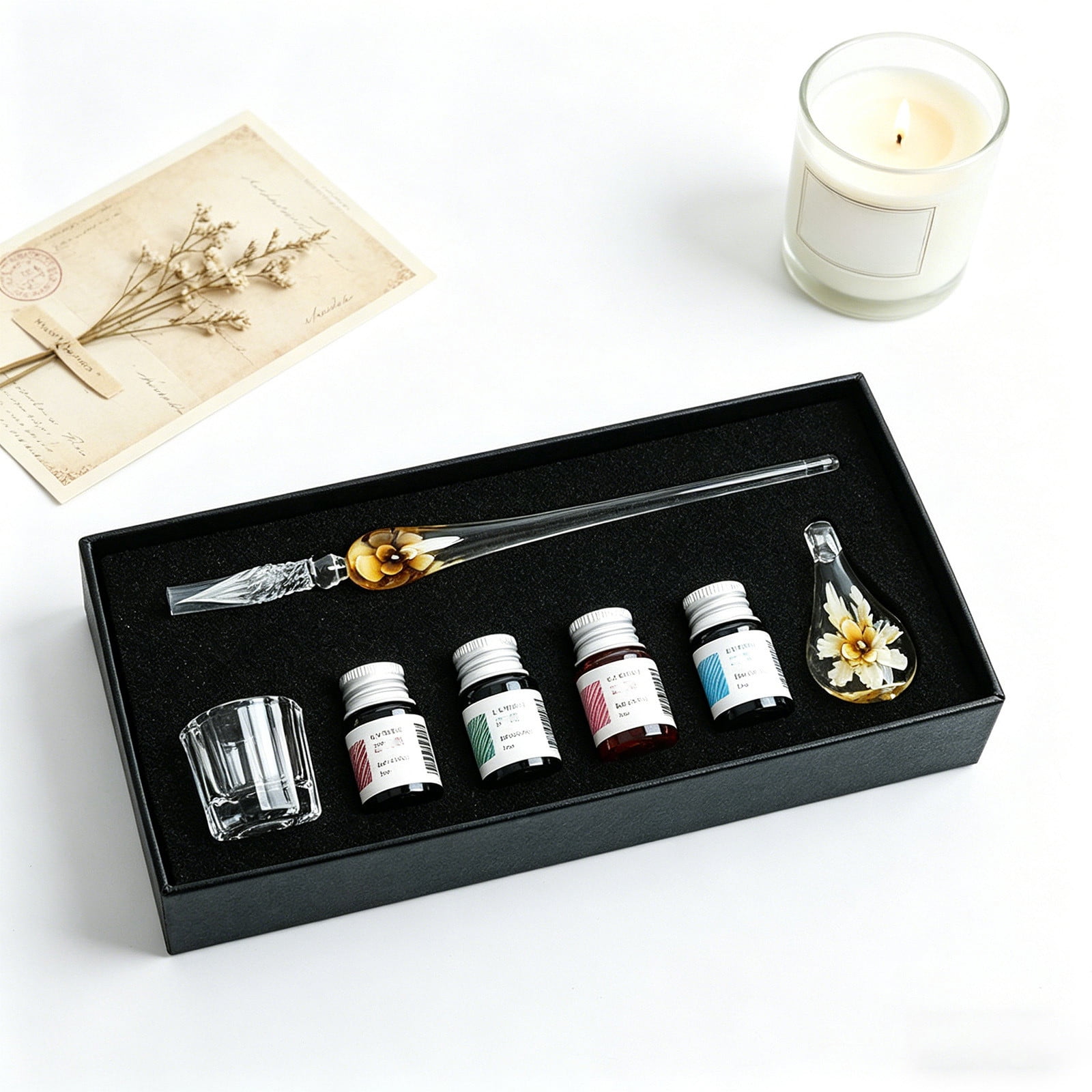 Crystal Glass Dip Pen Set, Flower Glass Writing Pen Kit, Calligraphy Ink Pen With Ink Bottles Pen Holder Cleaning Cup, Vintage Signature Pen Gift Set, Art Writing Supplies
