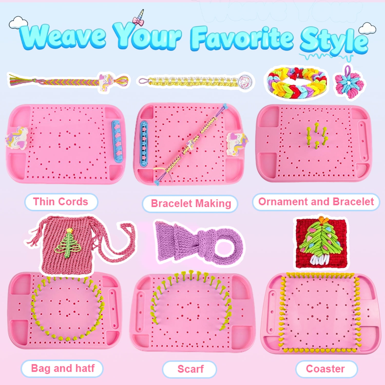 LINXUXIE 6-in-1 Weaving Loom, Friendship Bracelet Kit, DIY Arts and Crafts Sets for Bracelet & Potholder & Bag, Birthday Gifts for 6-12 Years Old