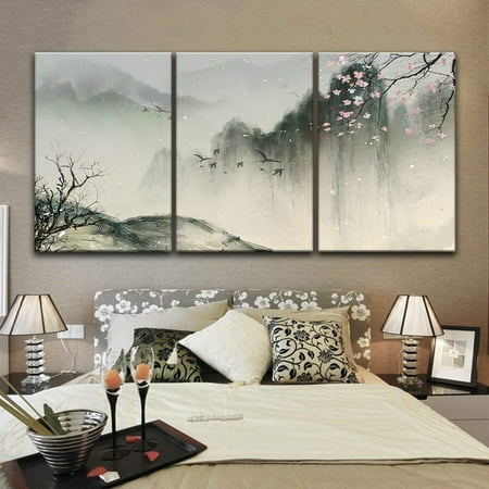 China Painting - wall26-3 Panel Canvas Wall Art - Chinese Ink Painting Style Landscape with Mountains and Cherry Blossom in Spring - Giclee Print Gallery Wrap Modern Home Decor Ready to Hang - 16