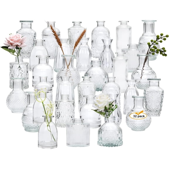 Glass Bud Vases Set of 32,Small Flower Vases for Wedding Centerpiece Table Decorations,Clear Vintage Embossed Mini Vases,Flower Arrangements in Vases for Party or Home Decor