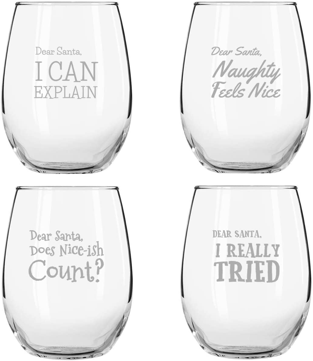 Funny Christmas Wine Glasses - Santa Printed Stemless Wine Glass Set of 4 -  Wine Holiday Gifts for H…See more Funny Christmas Wine Glasses - Santa