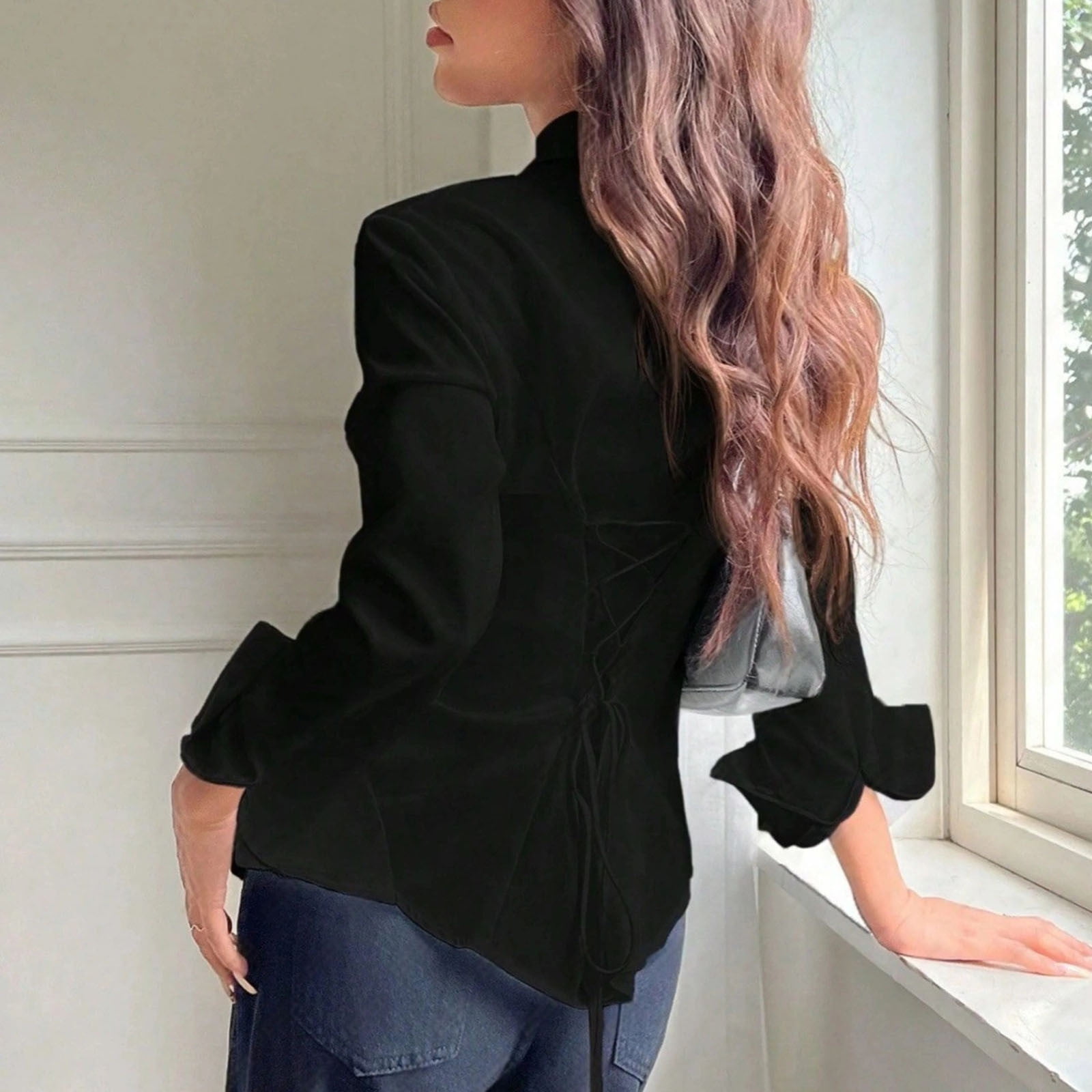 Long Sleeve Shirts for Women, Women's Long Bell Sleeve Button Down Shirt Lace Up Back Princess Line Lapel Top