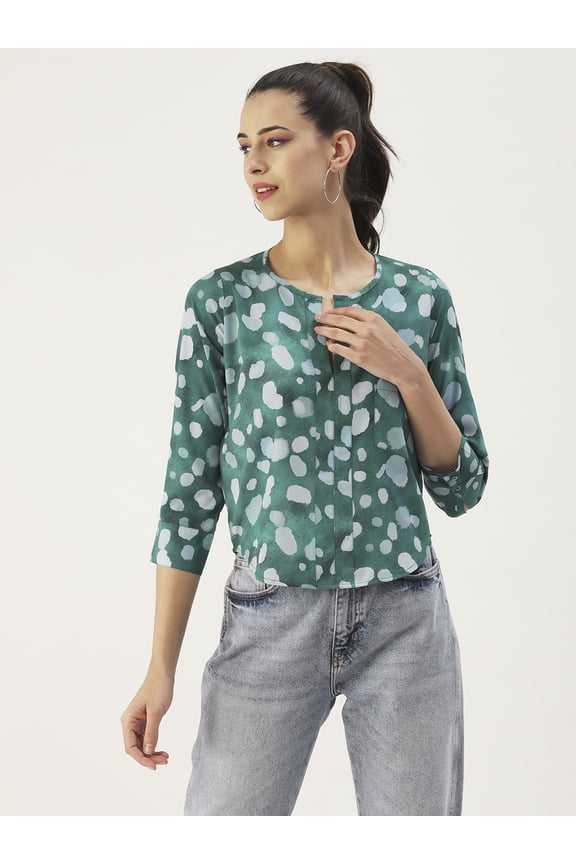 Women's Printed Poly Crepe Mandarin Collar 3/4th Tie-up Sleeves Top Deep V Neck Curved Hem Casual Summer Wear Waist Length Regular Top