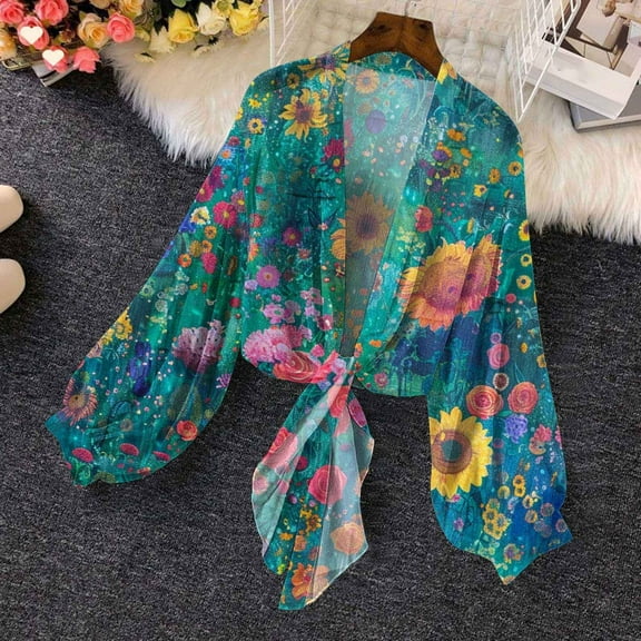 Abomasnow Lightweight Cardigans for Women Boho Floral Chiffon Open Front Cropped Tops Lantern Long Sleeve Bow Sheer Cardigan Shirts on Clearance