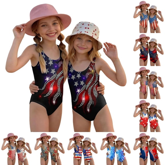 4th of July Girls Swimsuit Size 7-8 One Piece Swimsuit Summer Patriotic American Flag Stars Striped Bikini Sets Swimming Sleeveless Beach Vacation Freedom Cute Girls Bathing Suit Black 1-2 Years