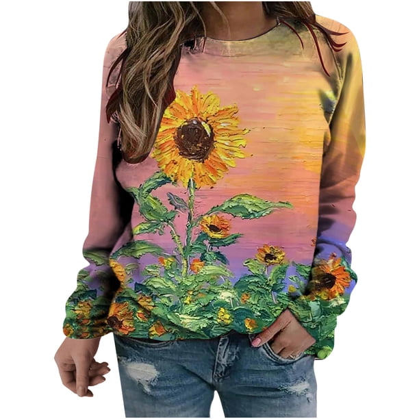 Camisas informales de manga larga para mujer, sudadera de cuello redondo con estampado Floral de plantas, jersey de cuello redondo, túnica holgada con estampado de puesta de sol Pompotops gfhjh19904