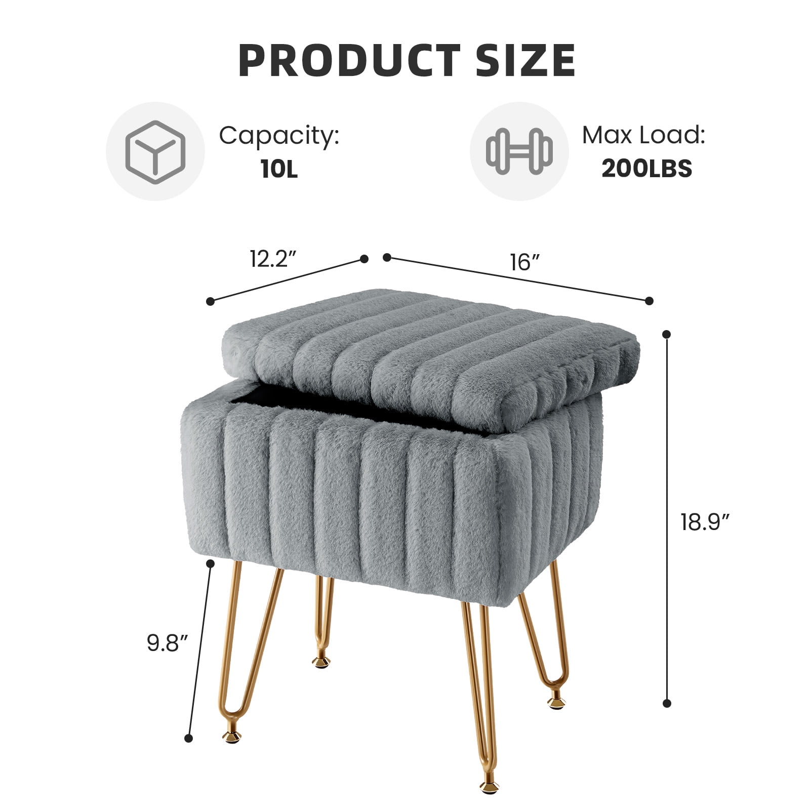 MCQ Stool Chair with Storage Space,with Non-Slip Feet, for Dressing Room, Bedroom, Grey