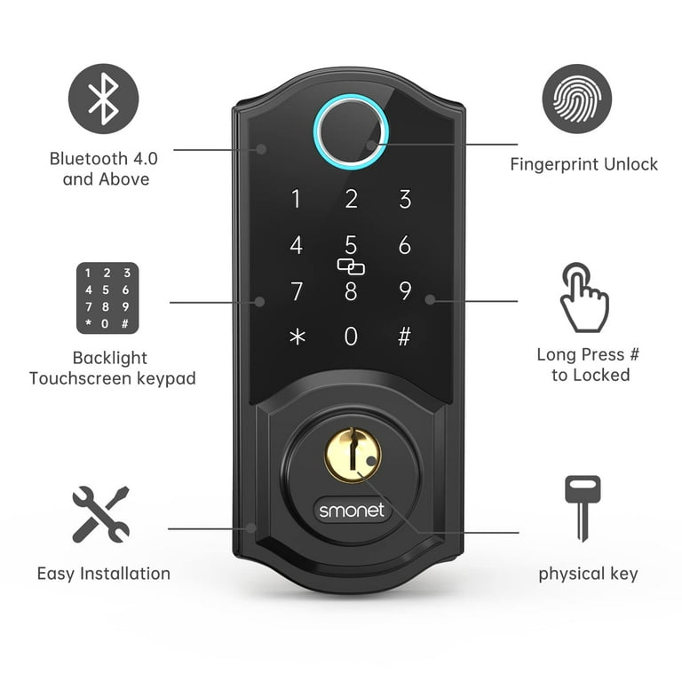 SMONET Smart Lock Fingerprint Deadbolt Keyless Entry Door Lock with Electronic Bluetooth Digital Keypad for Front Door Biometrics Auto Lock IC