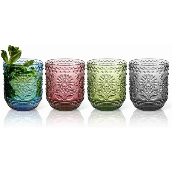 NANAHuang Vintage Drinking Glass Set of 4,12 oz Embossed Floral Drinkware Set,Green Drinking Glasses Cups Wine Glasses Colored Glassware for Whisky,Beer,Juice,Cocktail,Heavy Duty