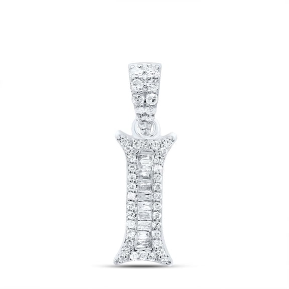 10K White Gold Baguette Diamond Old English Block Font Initial I Pendant 1/5 CT