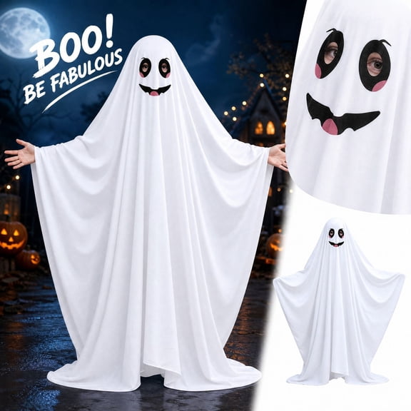 White Ghost Halloween Costume Cape, Halloween Cosplay Cloak with Smiling Ghost Face, Spooky Costume Cosplay Outfit for Dress Up, Costume Parties and Family Events