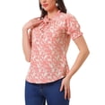thumbnail image 4 of Blusa floral de manga corta con cuello atado y volantes para mujer INSPIRE CHIC, color rosa, talla S, 4 of 5