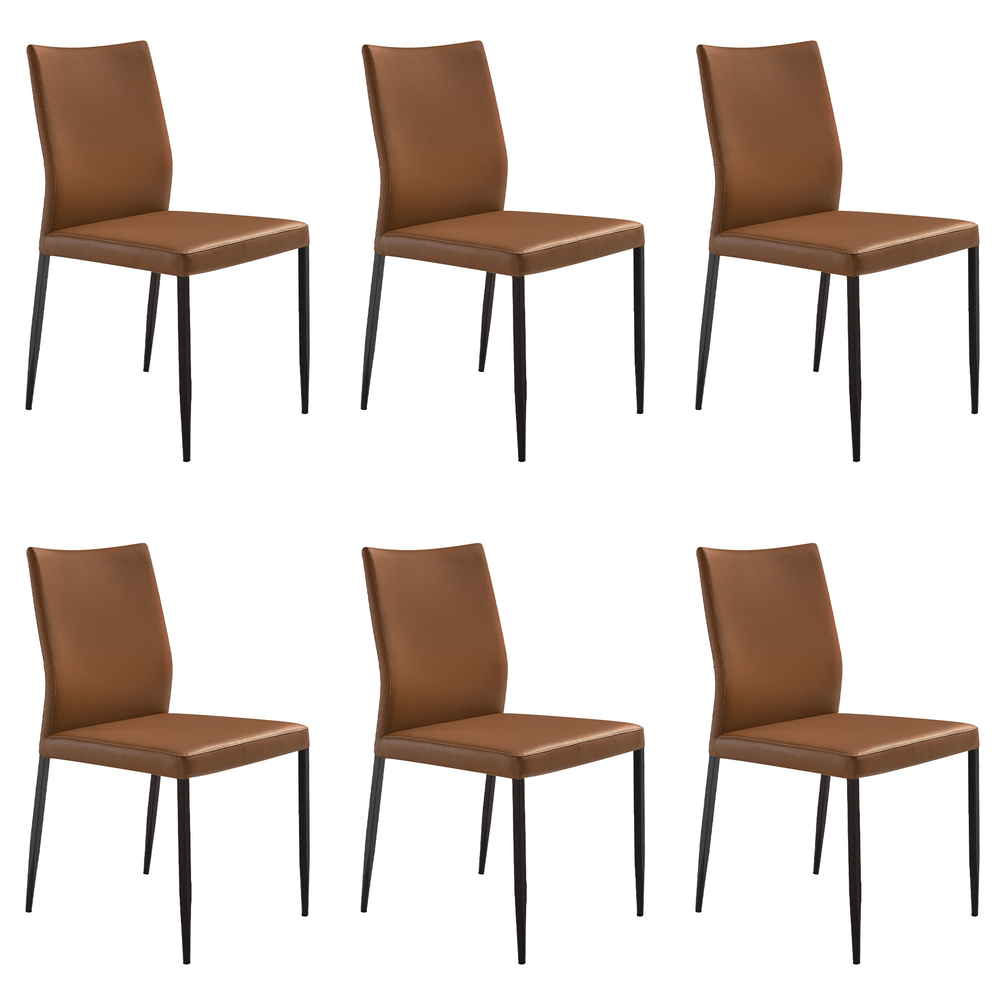 Kash Upholstered Dining Chair in Brown Faux Leather with Black Metal Legs - Set of 6