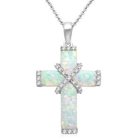 3.17 Carat T.G.W. Created Opal and Created White Sapphire Sterling Silver Cross Pendant, 18