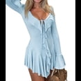 thumbnail image 2 of Vestido Mini Ajustado de Larga con Escote en V y Hombros Descubiertos con Volantes en para Mujer Azul L, 2 of 7