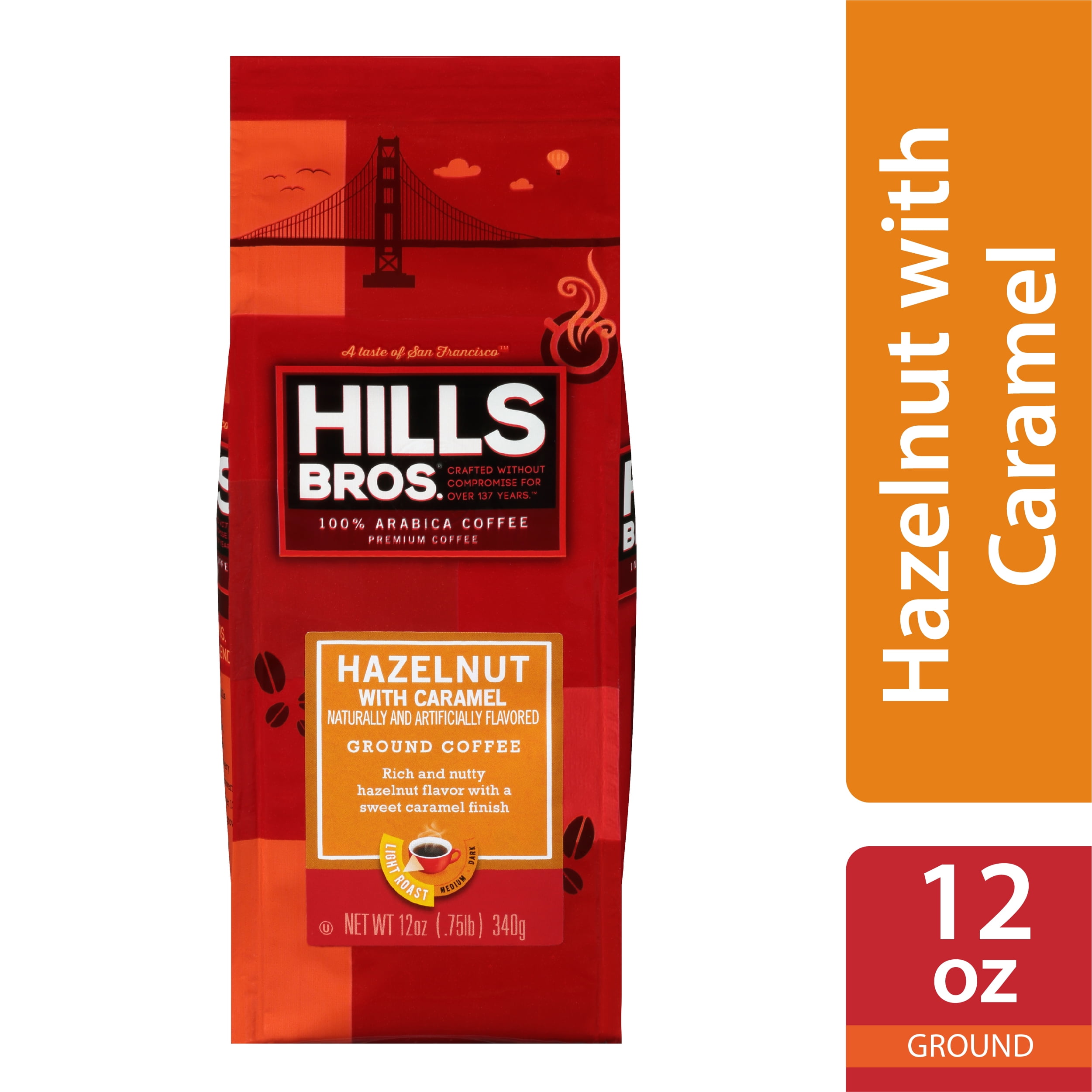 Hills Bros. 100% Arabica Ground Coffee, Hazelnut with Caramel Light Roast, 12 oz