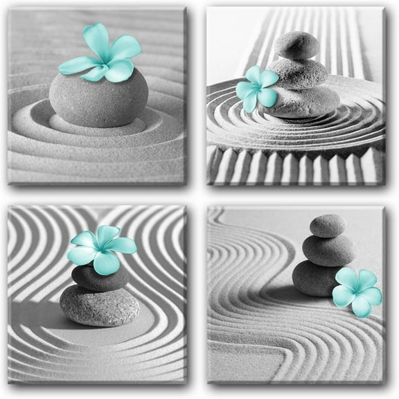 Gray Wall Art Zen Wall Art Teal Floral Paintings Black and White Decor Zen Stone Sand Pebble Canvas Flower Artwork for Wall Home Decoration Bathroom Wall Decor 12''''x12''''x4pcs