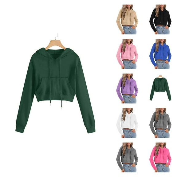 Cropped Hoodies for Women 2025 Long Sleeve Lightweight Plain Hooded Sweatshirt with Pockets Pullover Tops