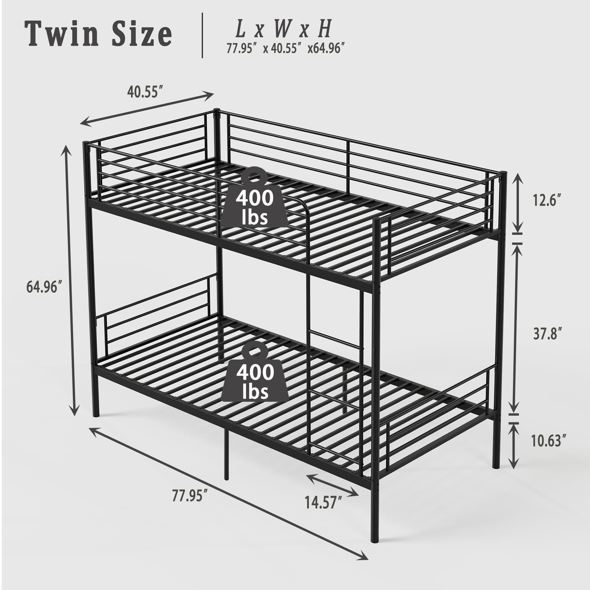 Mintazer Twin Over Twin Detachable Metal Bunk Bed with Ladder & Guardrail for Teen Adult Bedroom Dormitory, Black