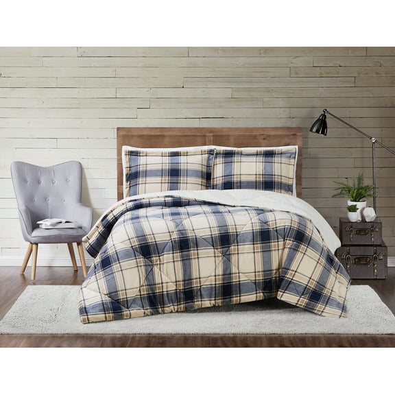 Truly Soft Cuddle Warmth 100% Microfiber Polyester 2 Piece Twin XL Comforter Set in Blue and Cream Plaid, All Season, Adult Size, OEKO-TEX Certified