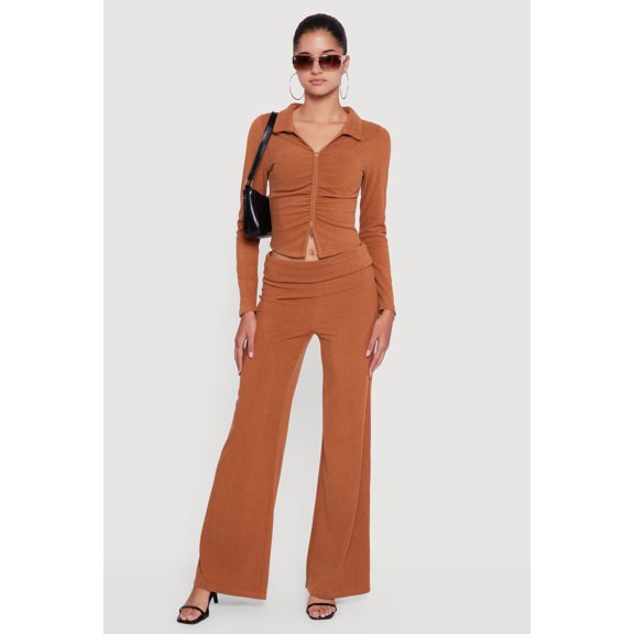 Women's Brushed Ribbed Knit Fold Over Flare Pants