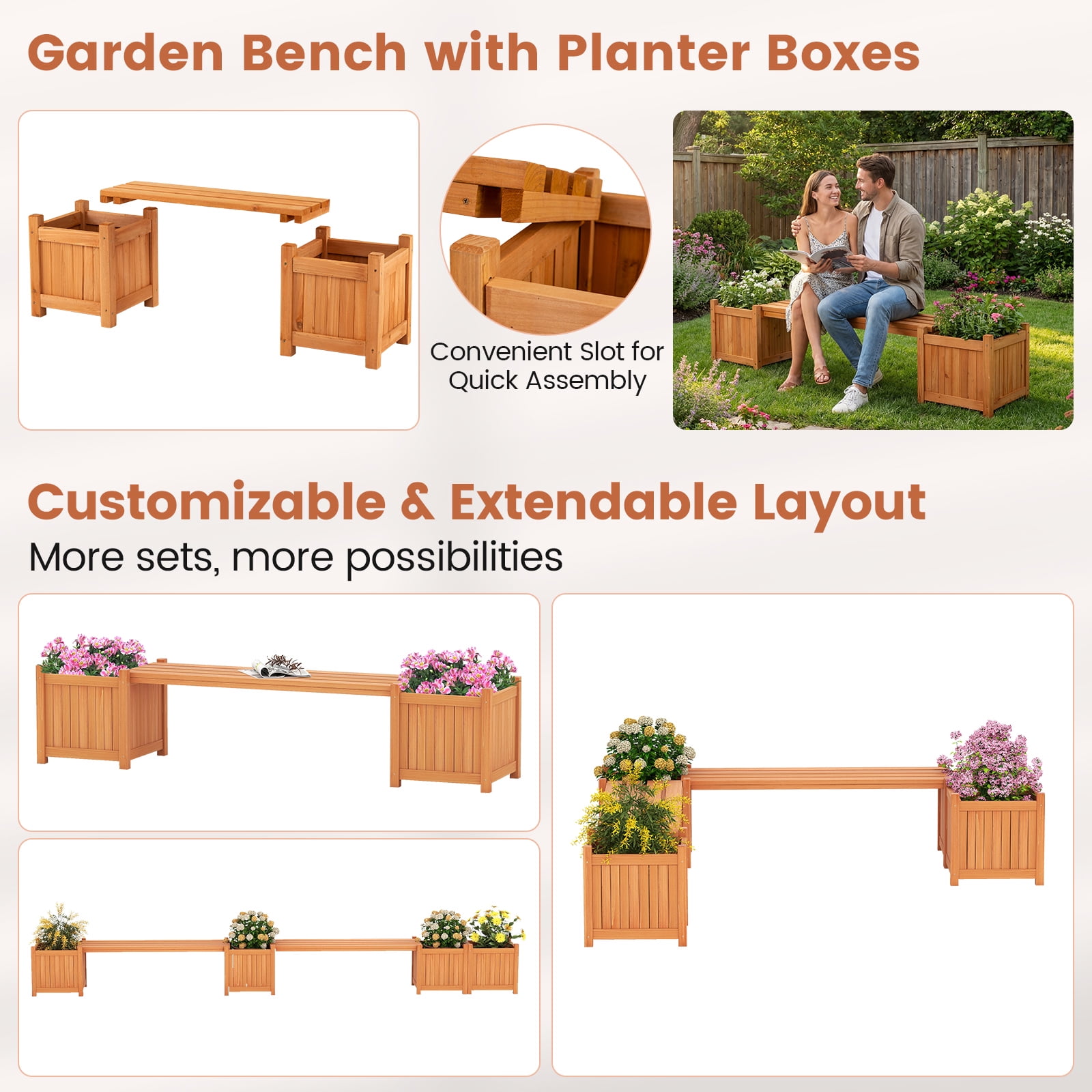 Gymax Wood Outdoor Planter Boxes w/ Detachable Bench 2 Elevated Mini Planters Patio