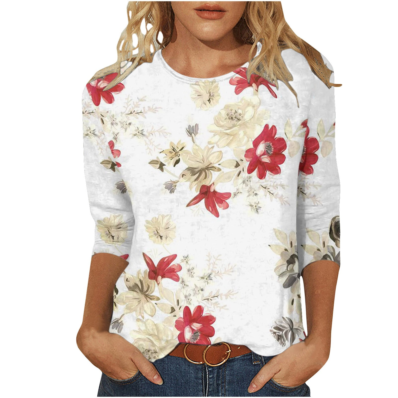 Womens 3/4 Sleeve Summer Tops Fashion Floral Boatneck Top 3/4 Length ...