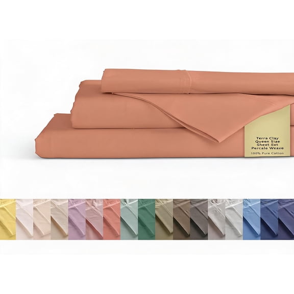 100% Cotton Percale Sheet Set Queen Size 4 Piece Deep Pocket 15 Inch Fitted Sheet in Tera Clay