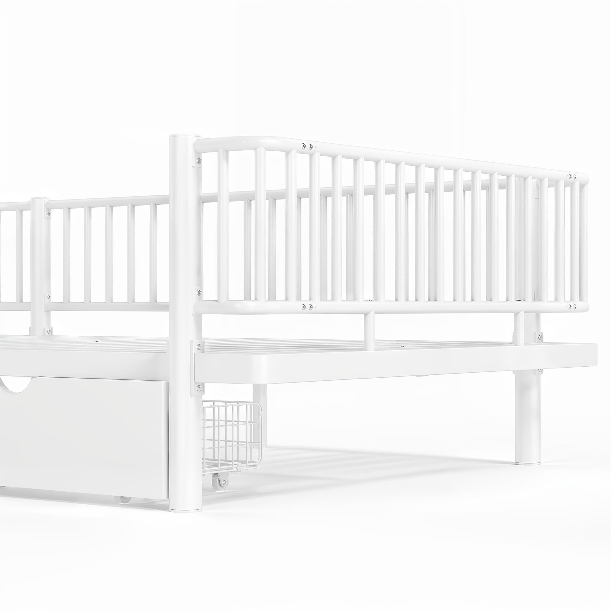 Miniyam Full Metal Daybed Frame with Storage Drawers, Low Profile Platform Bed with Guardrails, White