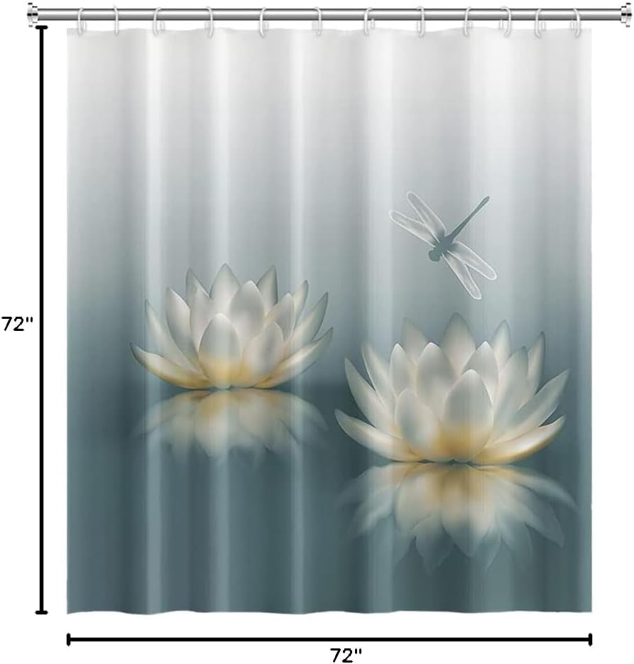 72x72inch Japanese Lotus Shower Curtains for Bathroom Waterlily Floral Blossom Dragonfly Gradient Bath Curtain for Asian Zen Spa Washroom Decoration Waterproof Polyester Fabric with Hooks