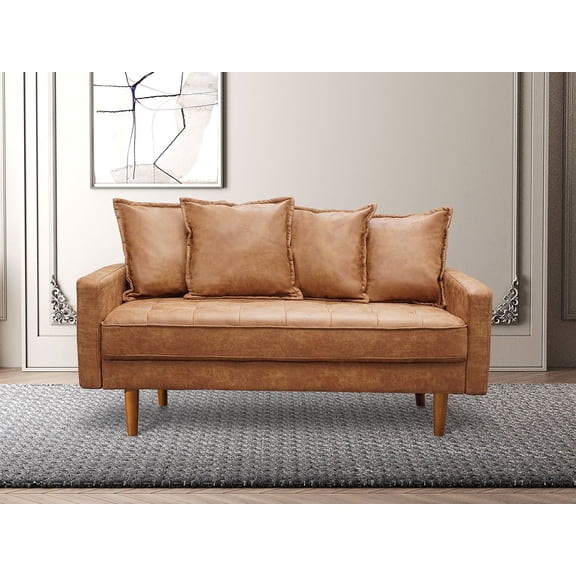 Koby Home Mid-Century Loveseat 58" Sofa Seat Faux Leather Sofas Couches 2-Seater Camel Brown