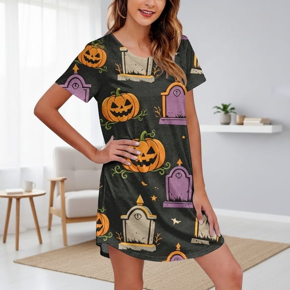 JIANLAI Nightdress For Women Halloween Pumpkin Tombstone Print Short Sleeve Sleep Dress, Loose V‑Neck Nightgown, Lightweight Casual Sleepshirt, Holiday Themed Loungewear