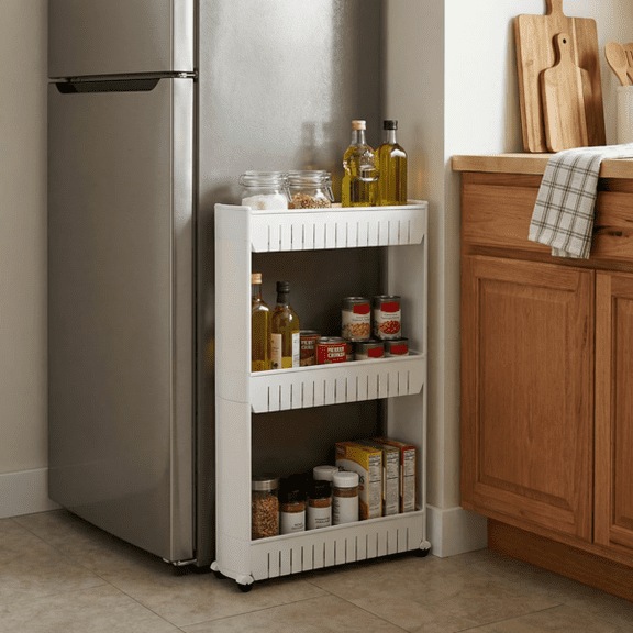 3-Tier Slim Rolling Utility Cart, 5-Inch Wide Slide Out Gap Storage Organizer for Kitchen & Laundry, White