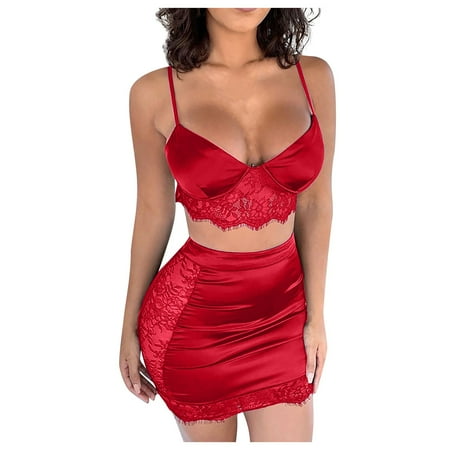 

Knosfe Women Solid Color Lace Eyelash Pjs V Neck Two Piece Satin Cami Crop Top Skirts Set Pajamas Set XXXL